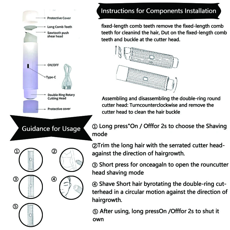 Instructions for using the Rechargeable 2-in-1 Electric Hair Shaver with component installation guide.