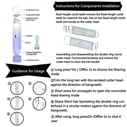 Instructions for using the Rechargeable 2-in-1 Electric Hair Shaver with component installation guide.