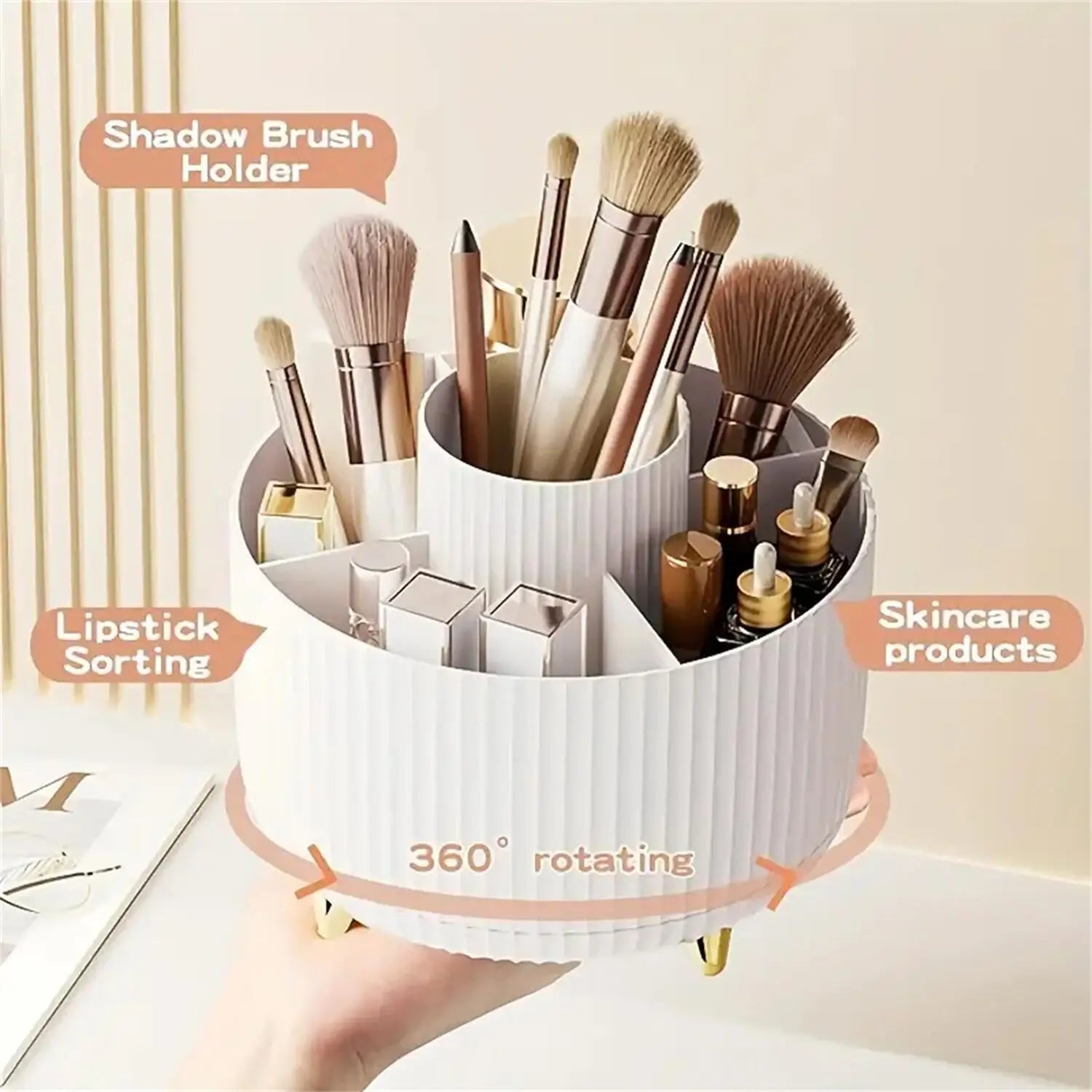 360 Rotating Makeup Storage Organizer with various brushes and skincare products in a round, rotating design.