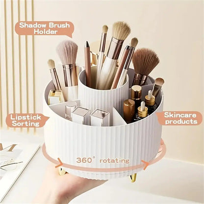 360 Rotating Makeup Storage Organizer with various brushes and skincare products in a round, rotating design.