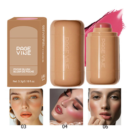 3-in-1 Cheek Lip Tinted Moistured Blush in a compact design with swatches on models' cheeks.