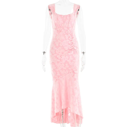 Fashion Off-Shoulder Tube Top Fishtail Dress in pink lace with elegant fishtail design.