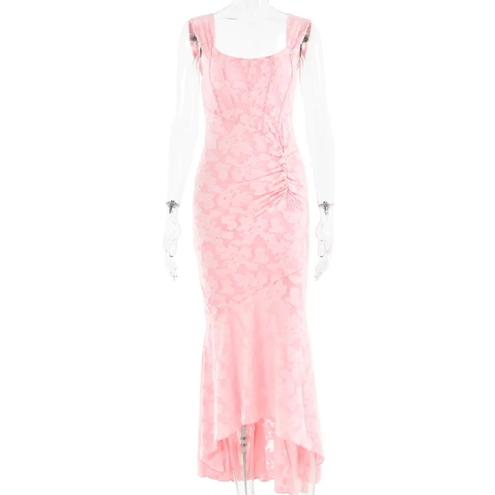 Fashion Off-Shoulder Tube Top Fishtail Dress in pink lace design, ideal for stylish events and elegant occasions.