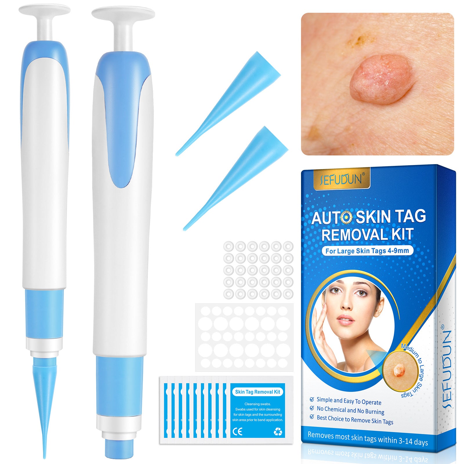 Skin Tag Removal Kit with Cleansing Swabs including applicators and removal pads for effective skin tag removal.