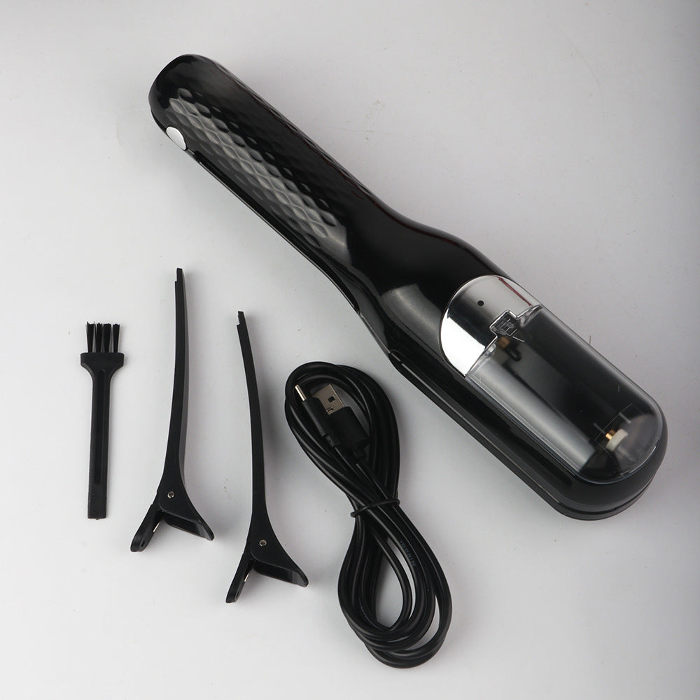 Split End Hair Trimmer for Smooth Healthy Looking Hair with accessories including comb and USB charging cable.