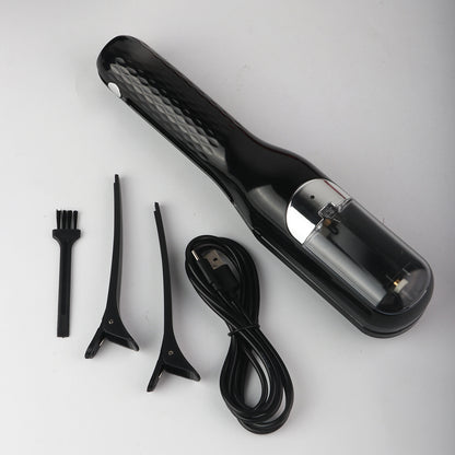 Split End Hair Trimmer for Smooth Healthy Looking Hair with accessories including comb and USB charging cable.