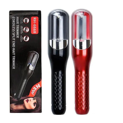 Split End Hair Trimmer for Smooth Healthy Looking Hair in black and red with packaging.