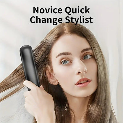 Woman using a Portable Cordless Hair Straightener USB Rechargeable for smooth hair styling.