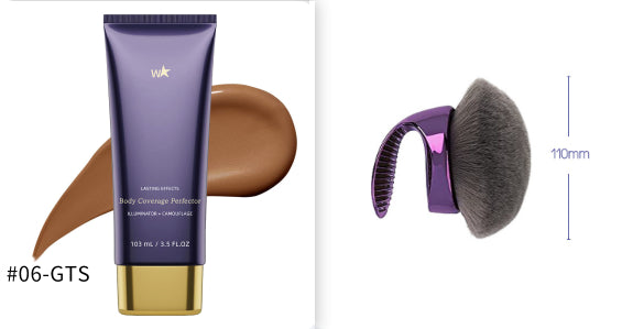 Body Coverage Perfector for Smooth Even Looking Skin with a brush for application, showcasing rich color and texture.