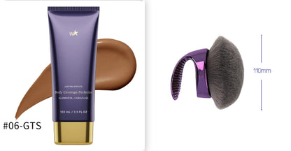 Body Coverage Perfector for Smooth Even Looking Skin with a brush for application, showcasing rich color and texture.