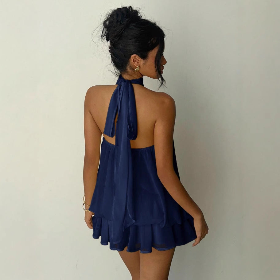 Backless Halter Mini Dress Y2K Party Outfit showing a stylish back view in navy blue.