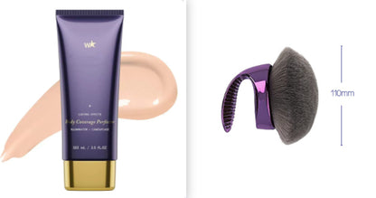Body Coverage Perfector for Smooth Even Looking Skin tube and applicator brush on a light background.