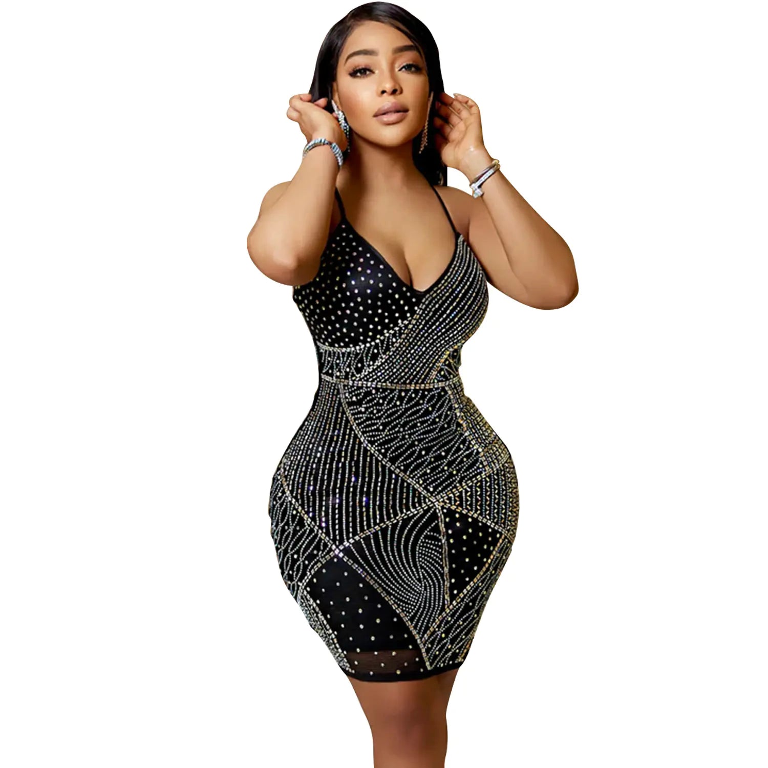 V-neck Backless Rhinestone Dress for Women featuring shimmering rhinestones and a bold geometric design.