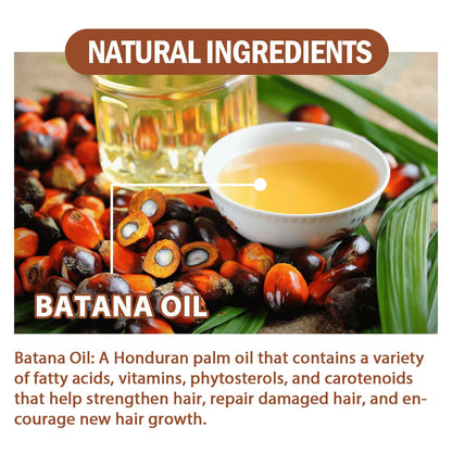Natural Hair Regrowth Oil for Thick & Healthy Hair featuring Batana Oil and natural ingredients.