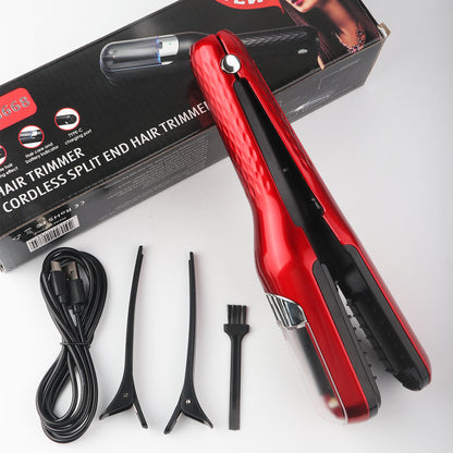 Split End Hair Trimmer for Smooth Healthy Looking Hair, red cordless clipper with accessories and box.