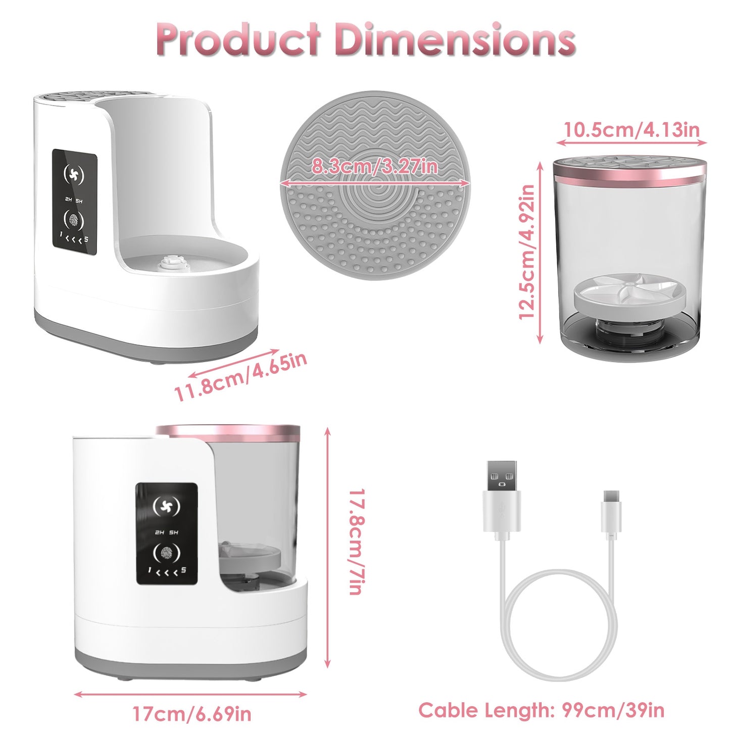 Product dimensions of 4 In 1 Electric Makeup Brush Cleaner including measurements and USB cable length.