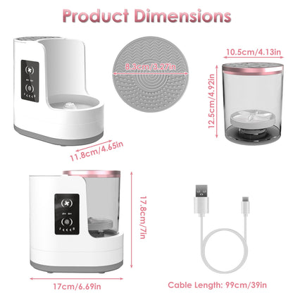 Product dimensions of 4 In 1 Electric Makeup Brush Cleaner including measurements and USB cable length.