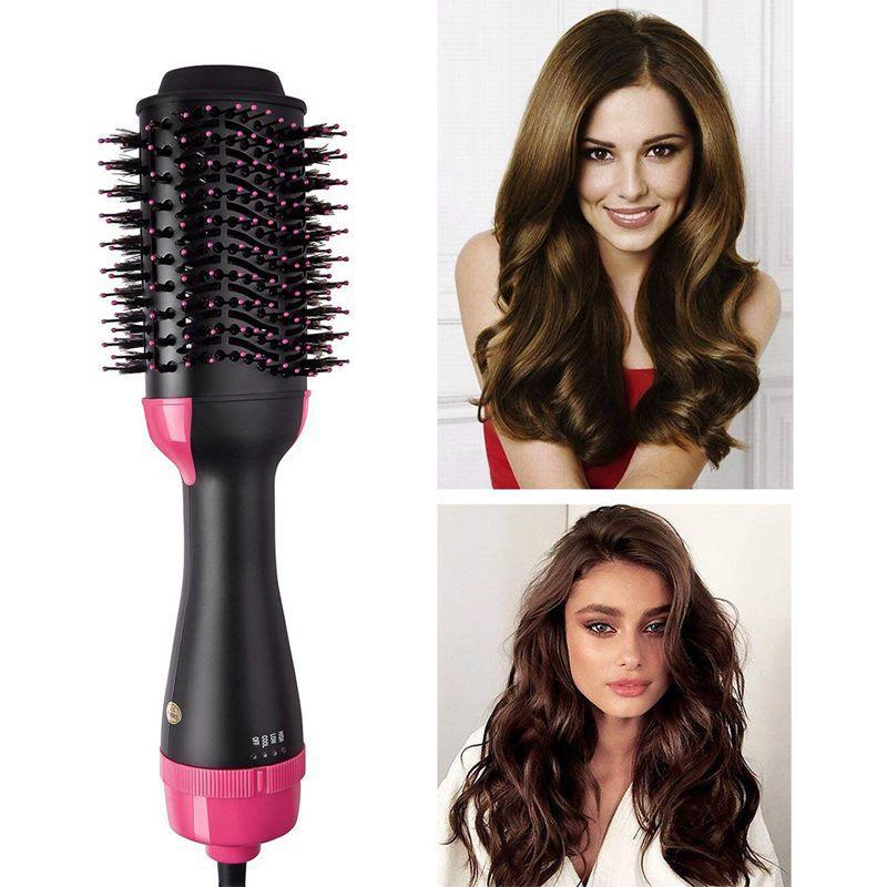 Hot Air Hair Dryer Brush & Volumizer displayed with styled hair results on two models.