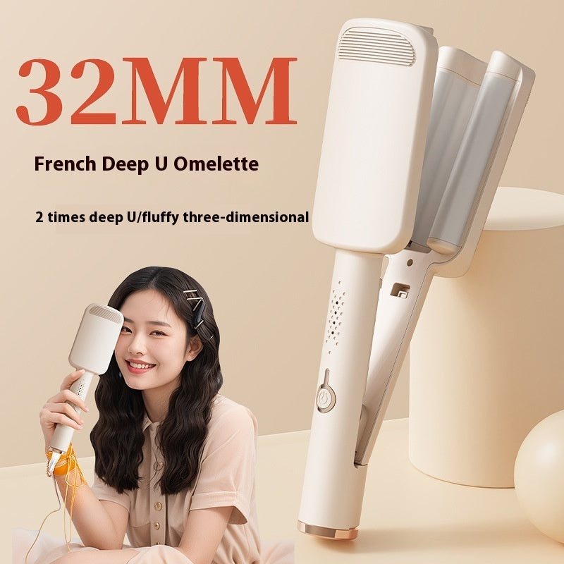Water Ripple Hair Curler for Big Waves & Volume on display with model styling beautiful waves.