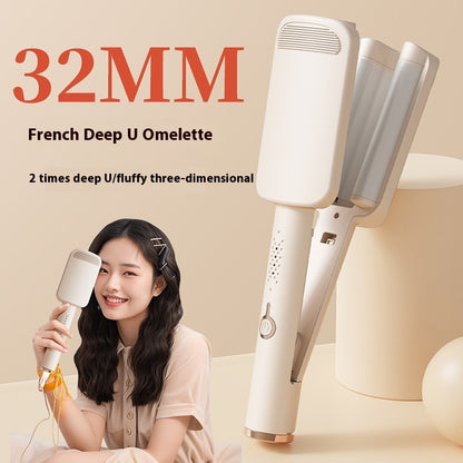 Water Ripple Hair Curler for Big Waves & Volume on display with model styling beautiful waves.