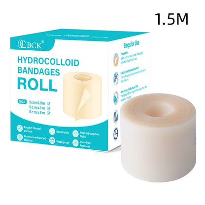 Hydrocolloid Roll Acne Patch for Blemish & Skin Care packaging and product display with dimensions and features.