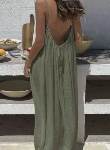 Elegant Backless Maxi Evening Dress showcased in olive green, perfect for summer events and stylish gatherings.
