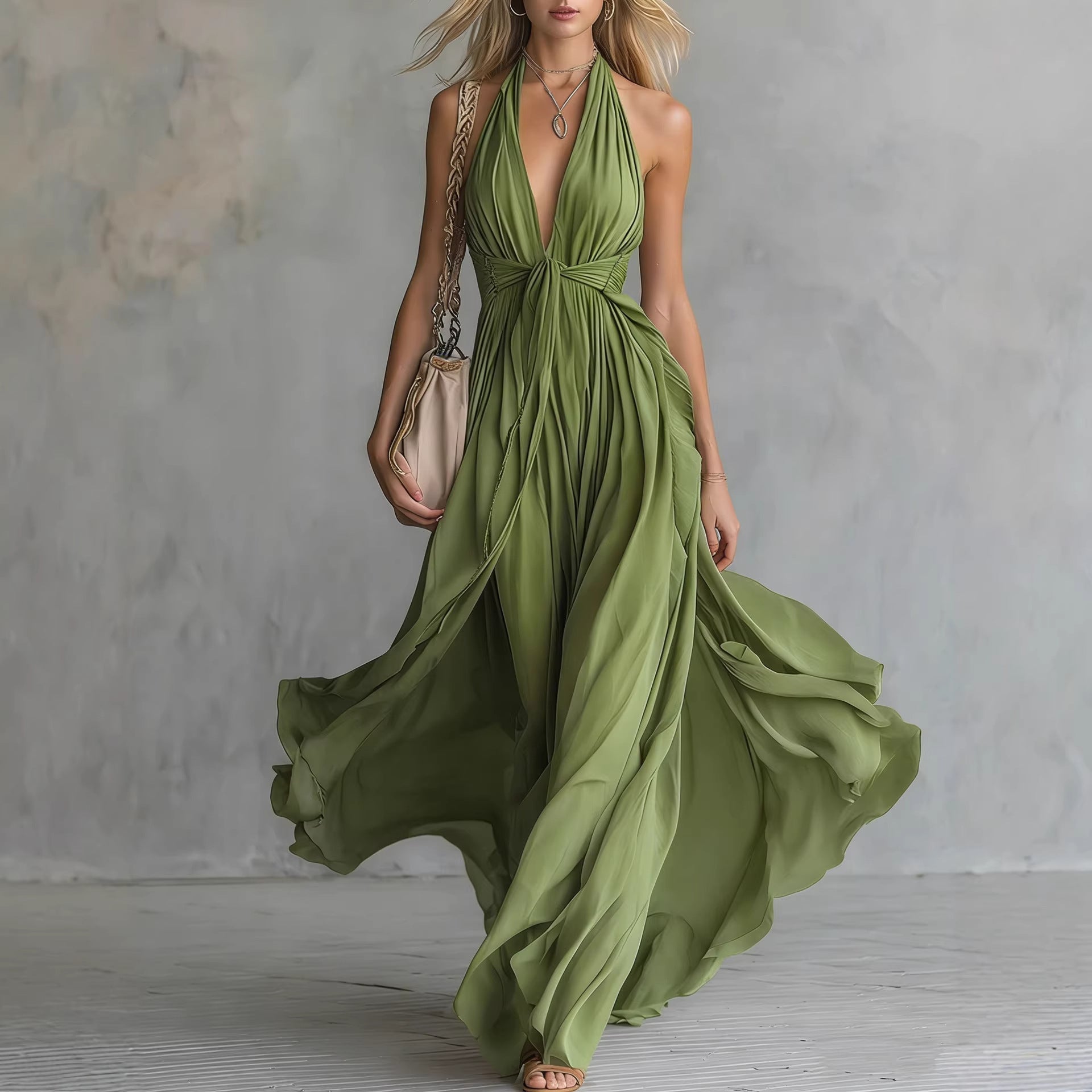 FLAVIA Long Purple Dress Keyhole Neckline Chiffon Lace Trim model wearing a flowing green dress