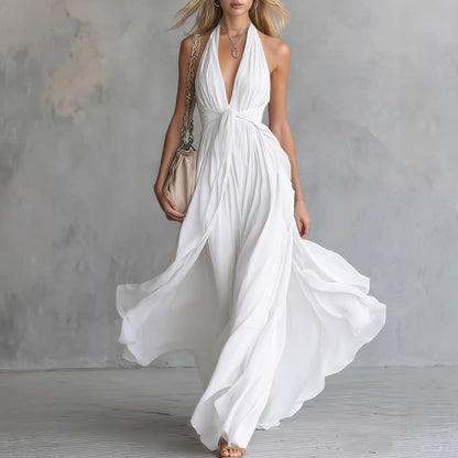 FLAVIA Long Purple Dress Keyhole Neckline Chiffon Lace Trim on a model wearing a flowing white halter dress.