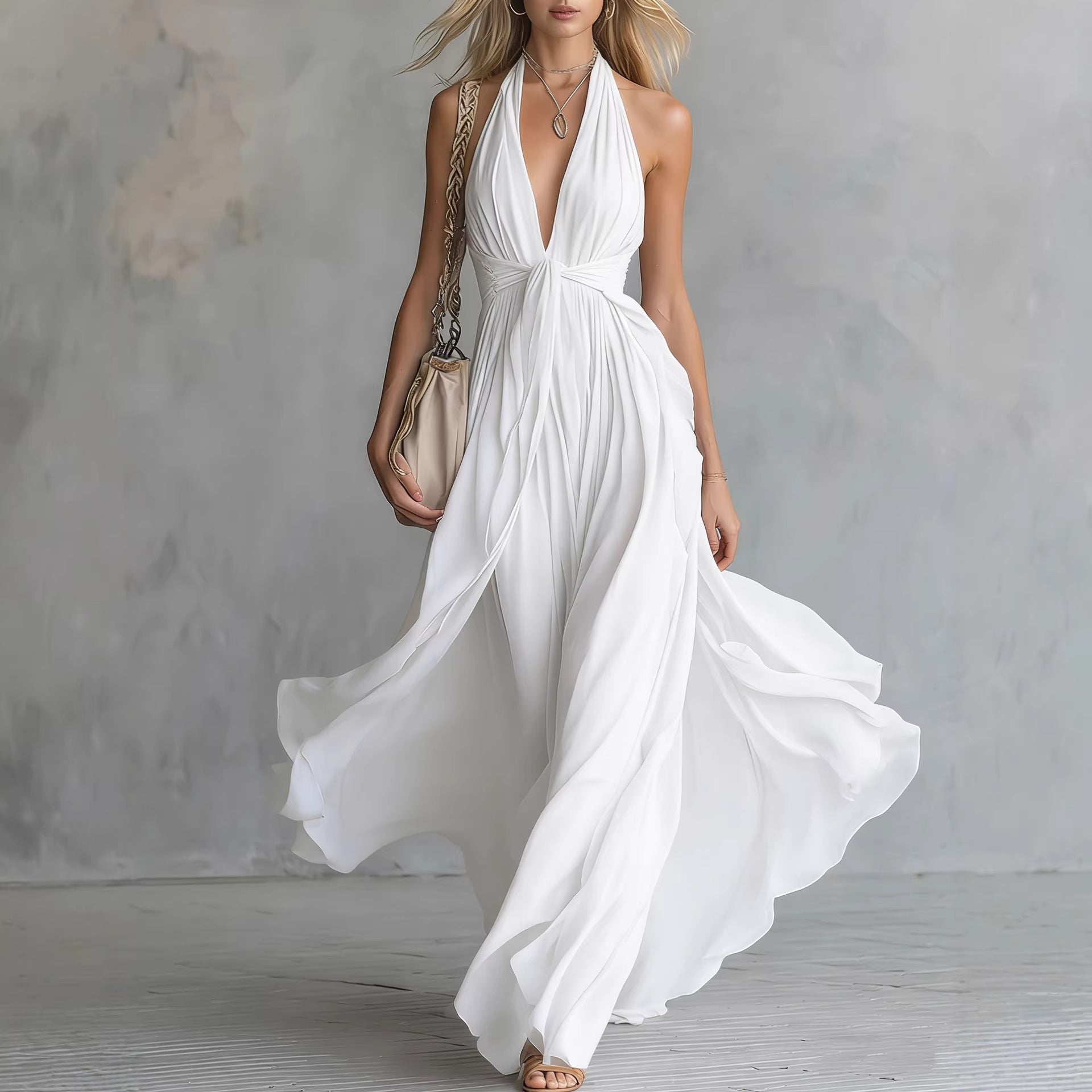 FLAVIA Long Purple Dress Keyhole Neckline Chiffon Lace Trim - flowing white halter gown with elegant design