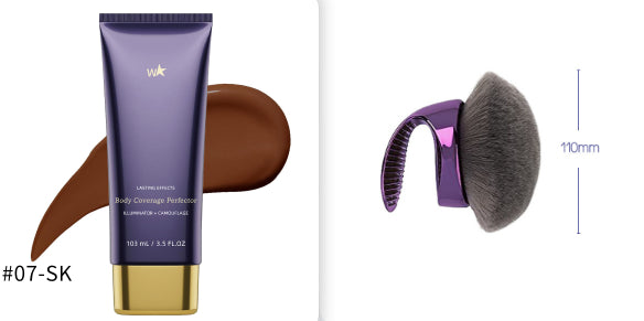Body Coverage Perfector for Smooth Even Looking Skin tube and applicator brush for flawless skin application.