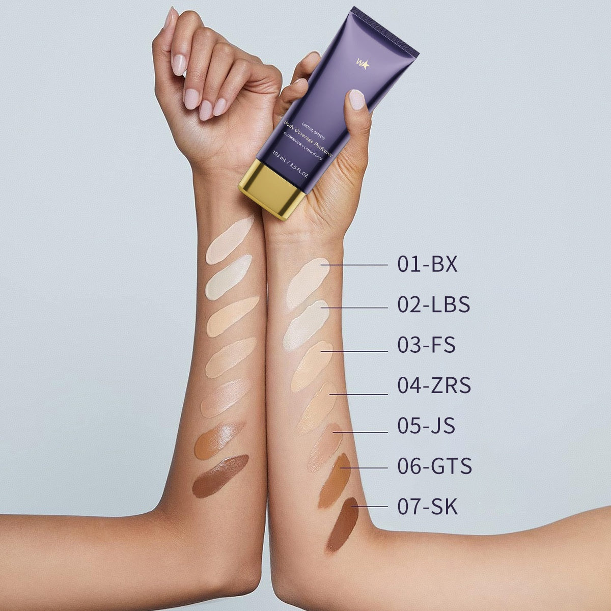 Body Coverage Perfector for Smooth Even Looking Skin swatches and product tube displayed on arms with various shades.