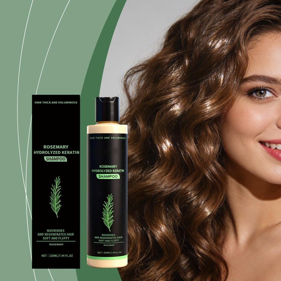 Tgideas Rosemary Shampoo for Hair Growth & Scalp Care, nourishing hydrolized keratin shampoo with model showcasing beautiful hair.