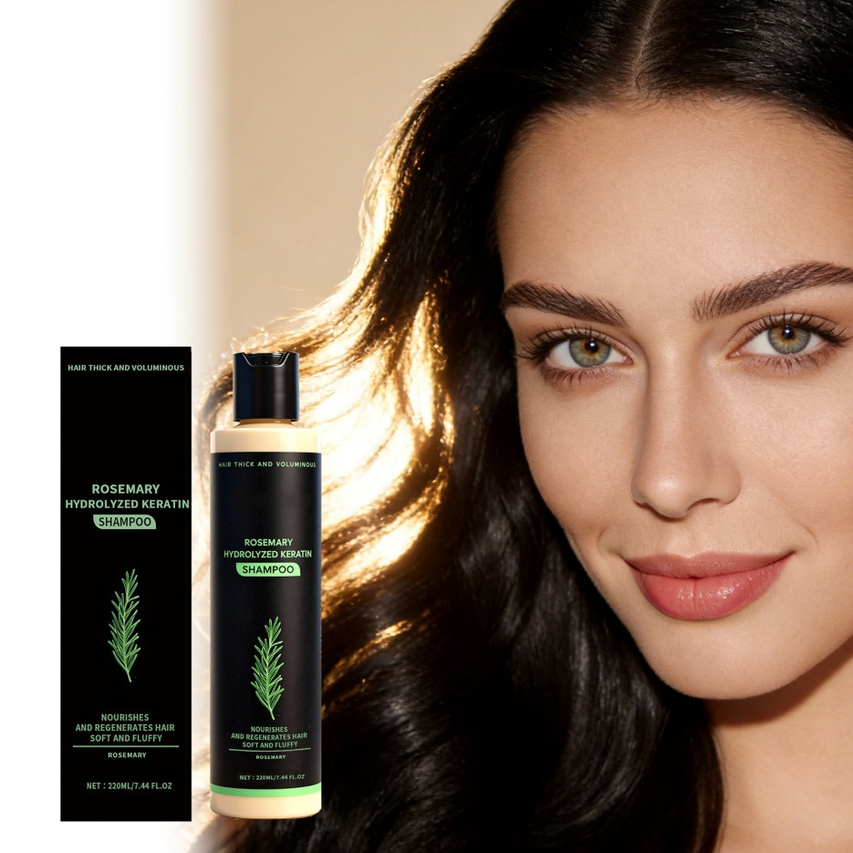 Tgideas Rosemary Shampoo for Hair Growth & Scalp Care displayed with model showcasing shiny hair and product benefits.