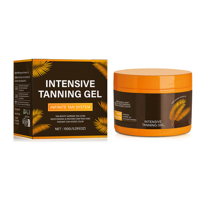Intensive Tanning Gel Body Bronzer Even Skin Tone packaging and jar showcasing the Infinite Tan System for radiant skin.