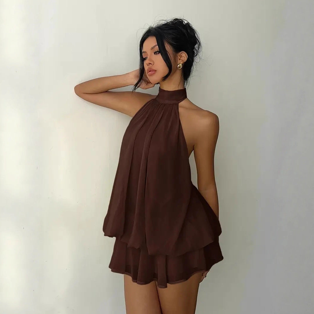 Backless Halter Mini Dress Y2K Party Outfit on a model showcasing a stylish silhouette for trendy occasions.