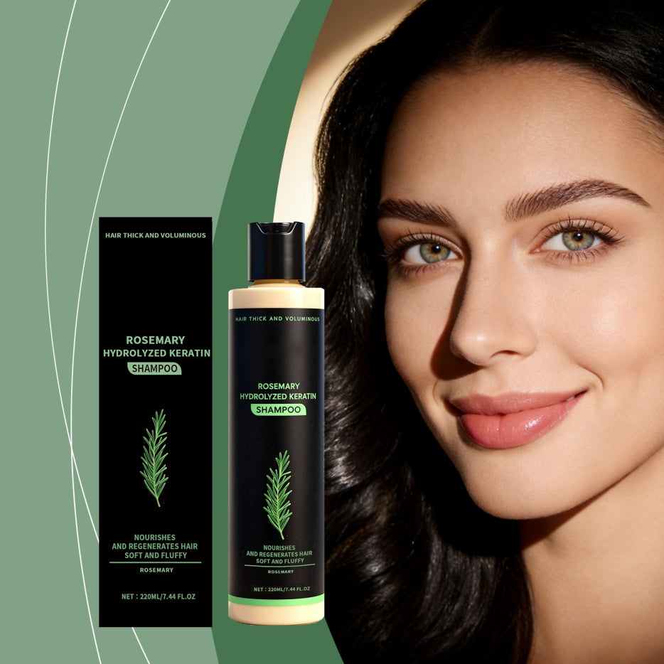 Tgideas Rosemary Shampoo for Hair Growth & Scalp Care bottle next to a woman with radiant hair for hair nourishment.