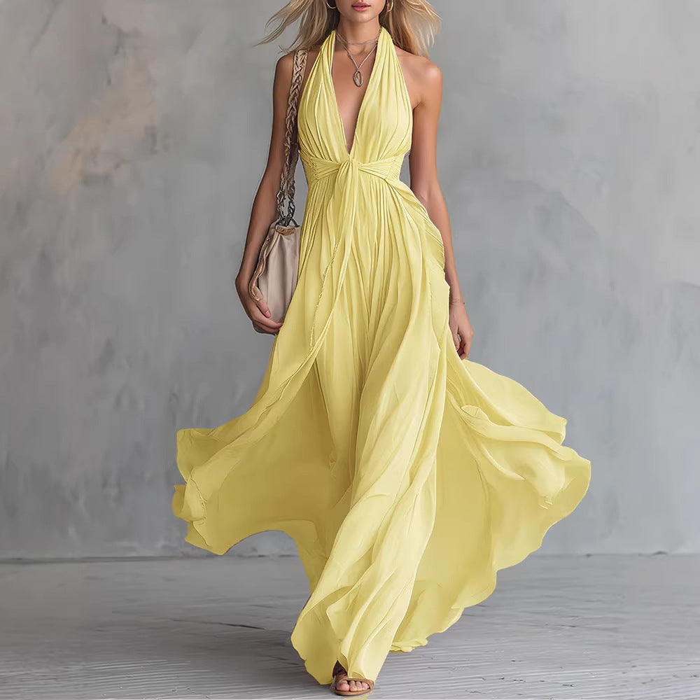 FLAVIA Long Purple Dress Keyhole Neckline Chiffon Lace Trim worn by model, flowing in a stylish yellow color.