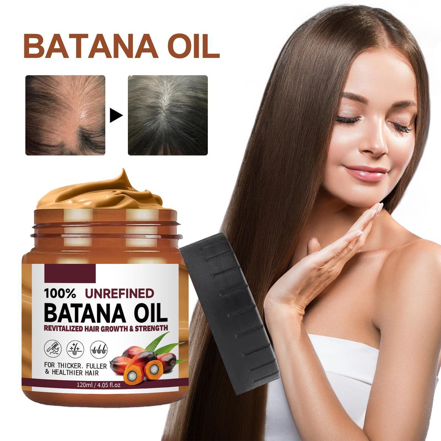 Natural Hair Regrowth Oil for Thick & Healthy Hair in a jar with a woman showcasing healthy hair and before after images.
