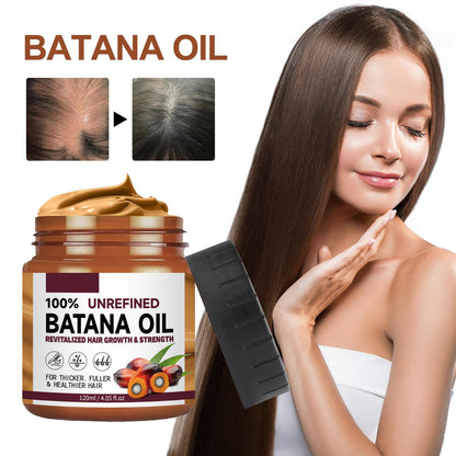 Natural Hair Regrowth Oil for Thick & Healthy Hair in a jar with a woman showcasing healthy hair and before after images.