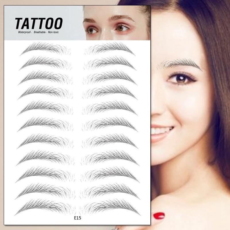 4D Waterproof Eyebrow Tattoo Stickers displayed next to a model showcasing natural-looking brows.