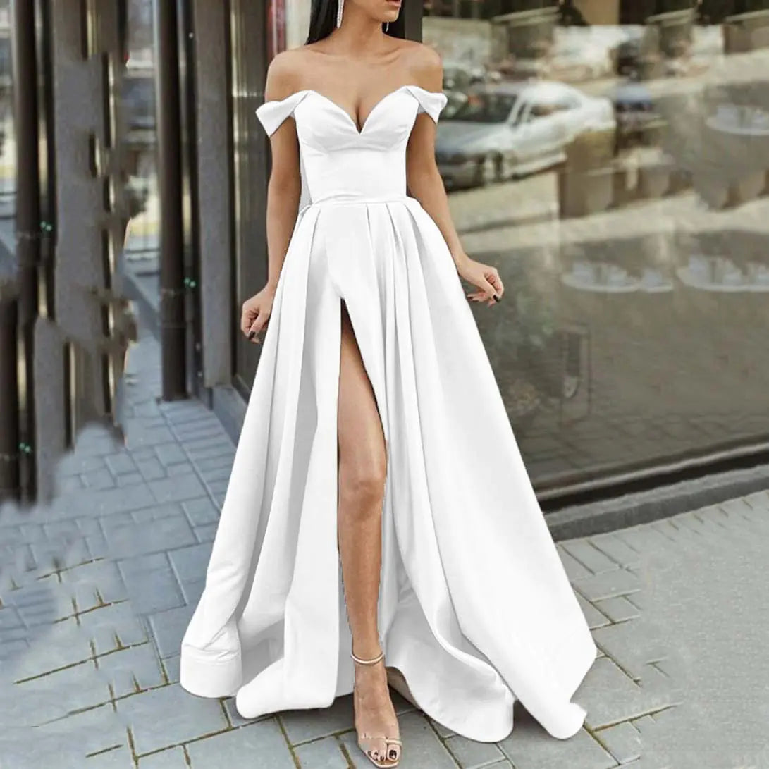 Multicolor V-neck Backless Tube Top Dress for Women in elegant white with off-shoulder design and high slit.