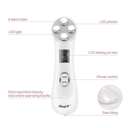 5-in-1 Electric Face Massager Device with LCD screen, LED light, and multiple features for skincare.