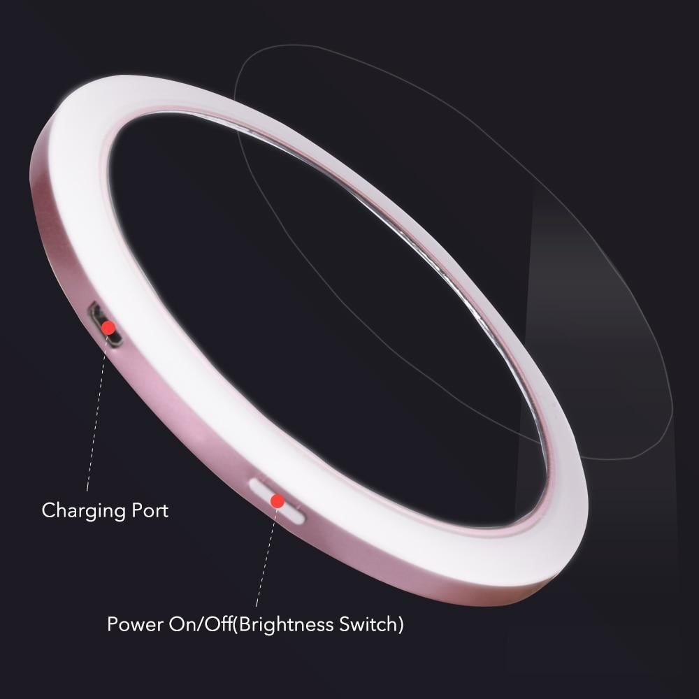Close-up of the Rechargeable LED Handheld Makeup Mirror showing charging port and brightness switch features.