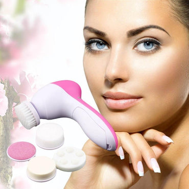 5 in 1 Electric Facial Cleansing Brush Set displayed with a model, showcasing skincare routine benefits.