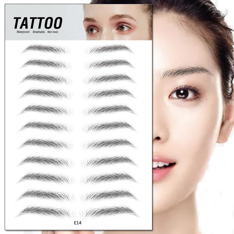 4D Waterproof Eyebrow Tattoo Stickers designed for natural looking brows, featuring a variety of eyebrow styles on a sheet.
