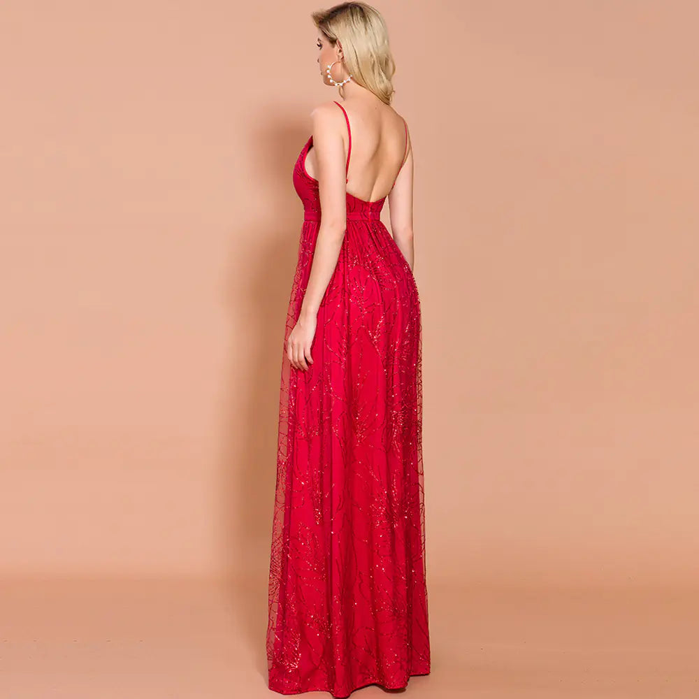 Elegant V-Neck Backless Party Dress for Women in bold red color, showing back view and elegant silhouette.